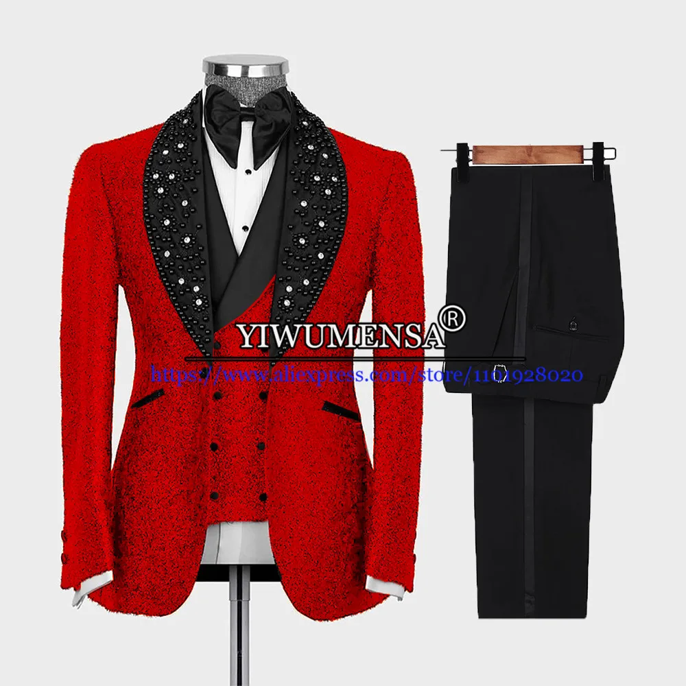 Glitter Payet Slim Fit Jas Pria Pernikahan Tangan Dijahit Manik Hitam Noda Kerah Burgundy Blazer Disesuaikan 3 Piece Pakaian Pria