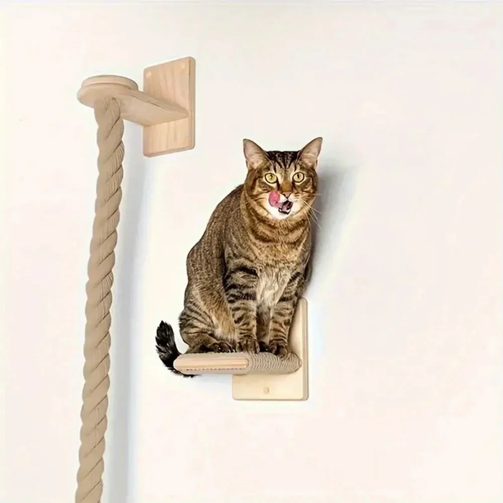 Wall Mounted Sisal Rope Cat Climber Tree Scratching Climbing Toys Wooden Jumping Platform Indoor Cat Furniture Interactive Toys