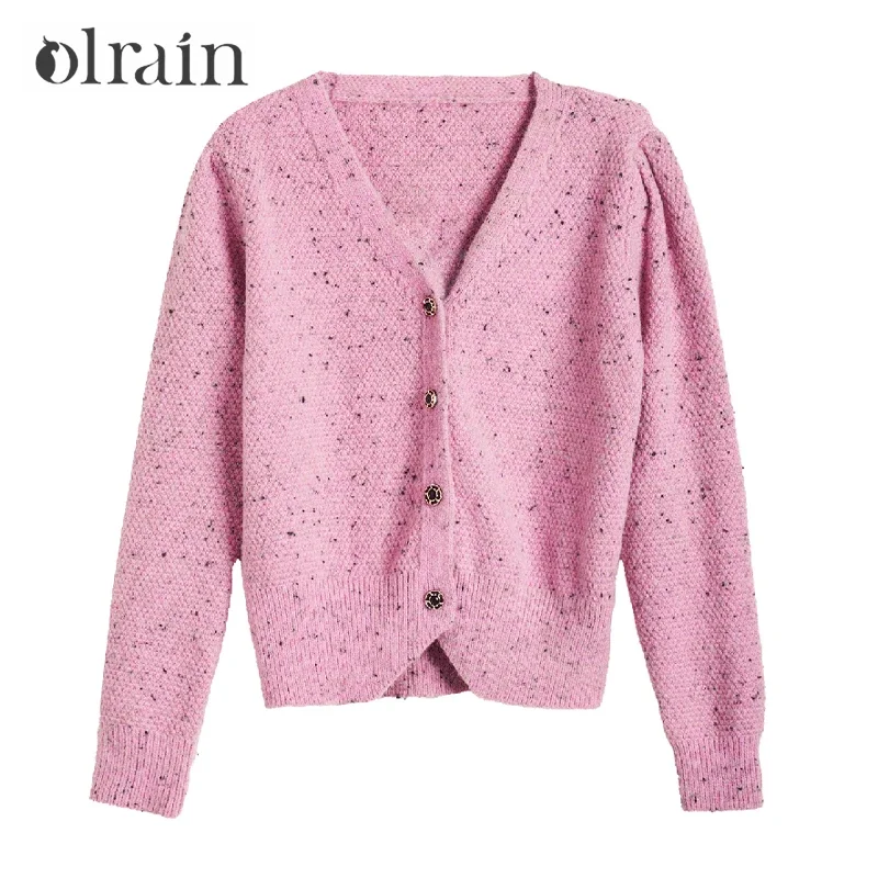 OLrain  Knitted Cardigan for Women 2025 Autumn Spliced V Neck Puff Sleeve Chic Single Button Ladies Sweaters E56QM93966
