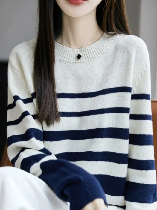 Marque sortie couleur Blo rayure tricots longue Sve coupe ajustée vêtements intérieurs contraste couleur décontracté Sle doux coton mélange haut