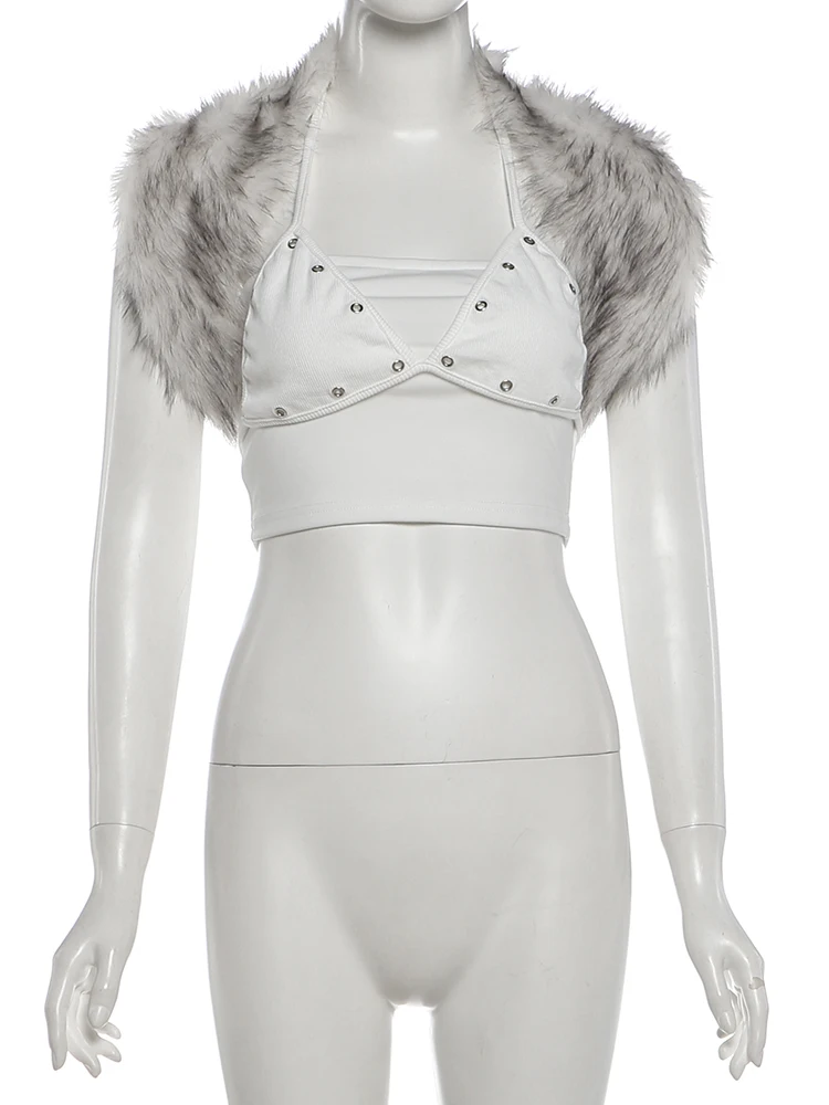 Weird Puss Furs Jacke + Tanktop Damen Oberteile 2-teiliges Set Trend Hottie Metall Hohlkreuz V-Ausschnitt Stretch Mode Street Clubwear – Detail 4