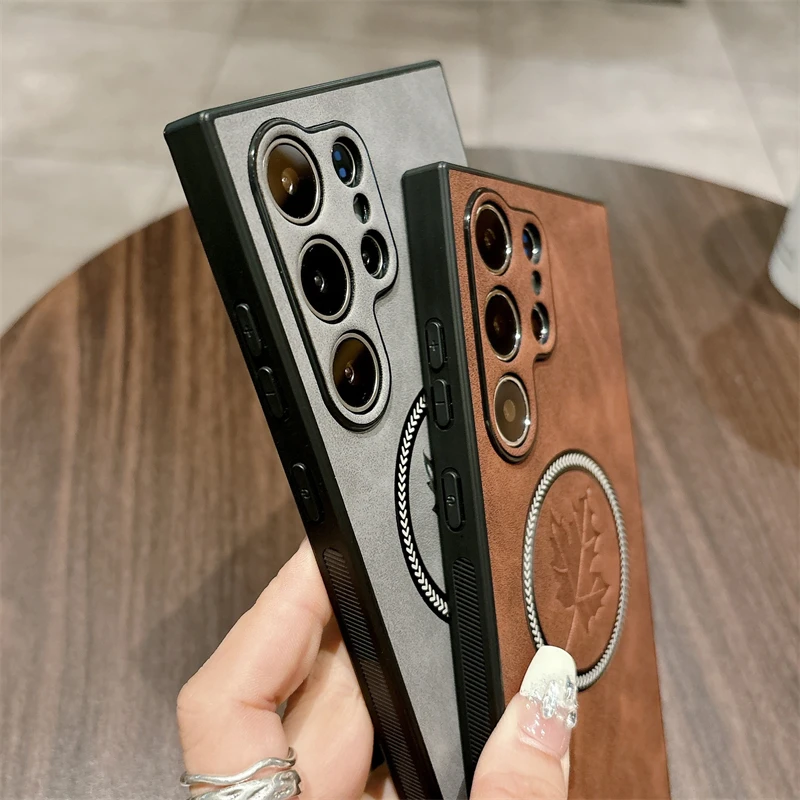 غطاء جلد فاخر غير لامع لهاتف sammagsafe ، حافظة شحن لاسلكية ، نمط أوراق القيقب ، S21 ، S23 FE ، S22 ، S24 Ultra Plus ، Note 20