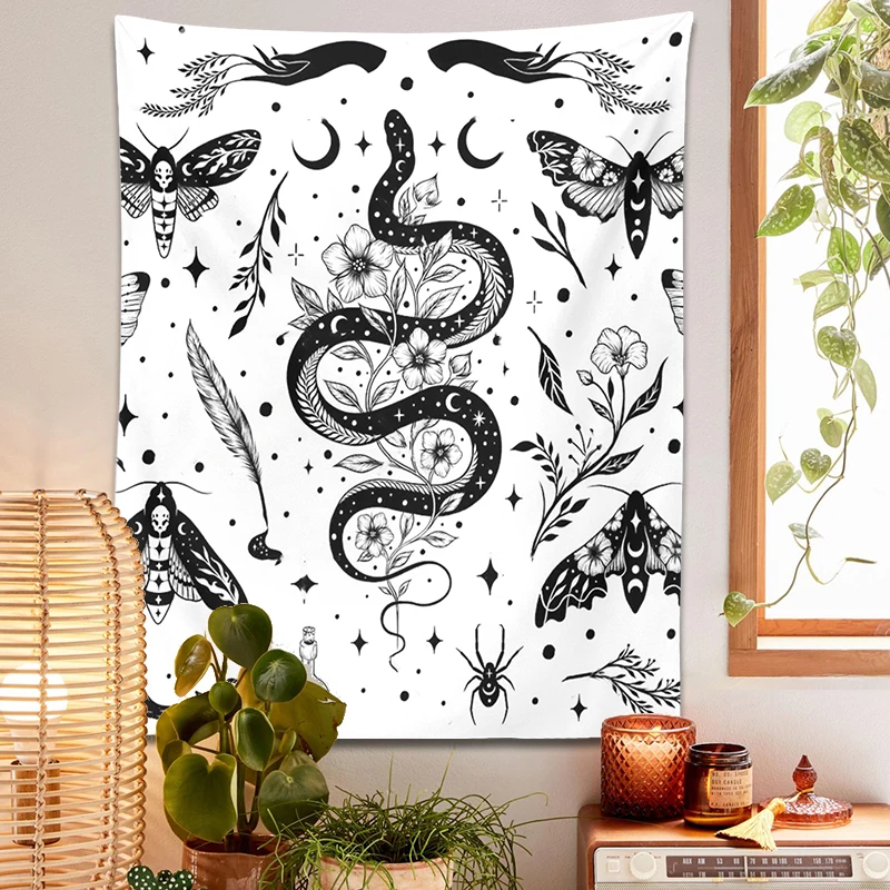 Moth Snake Tapestry Wall Hanging Black White Psychedelic Moon Plants Flower Tapestries Boho Room Art Home Decoration Cloth