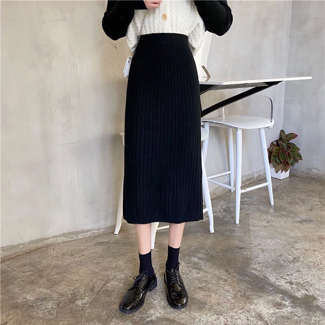 2021 Autumn  Winter Women's Medium Length One-step Skirt A-line Pants Girls' Knitted Wool Skirt Leisure Commuting Gray