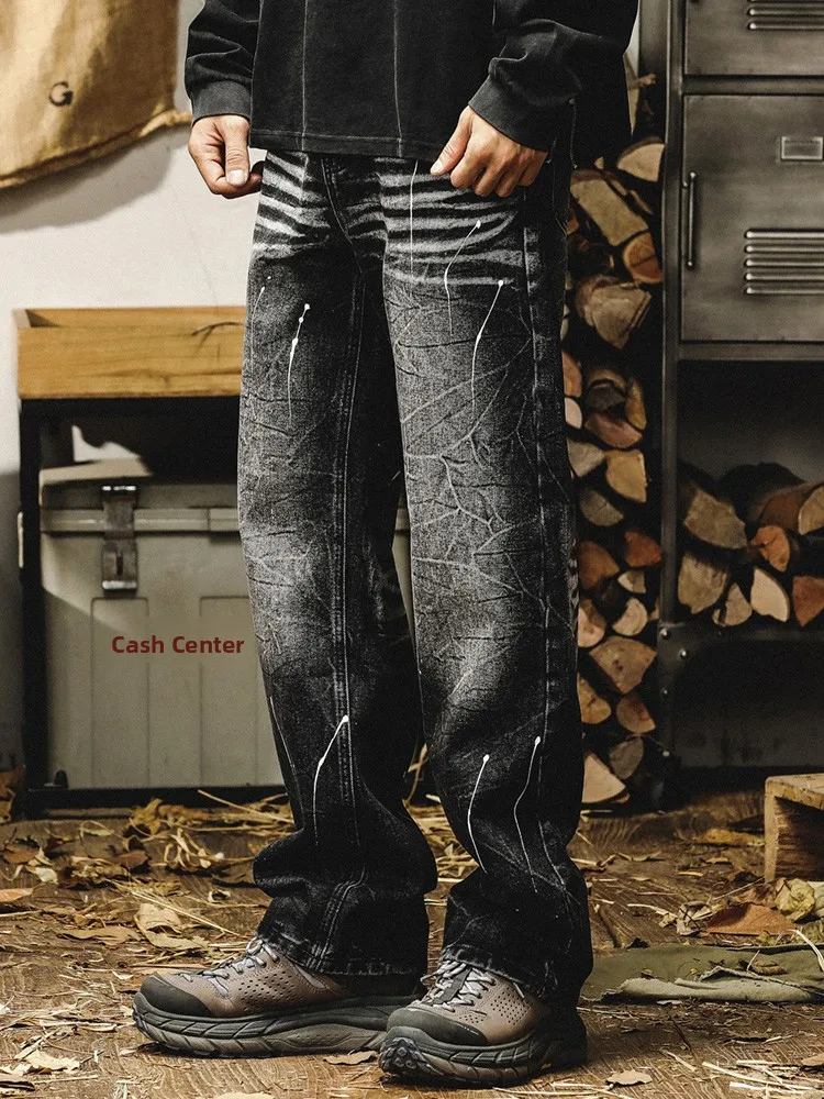 

Jir American Sle Hand-Painted Splaed Ink Waed out Jeans Men's Loose Straight Leg Wide Leg Casual Pants Spring Autumn