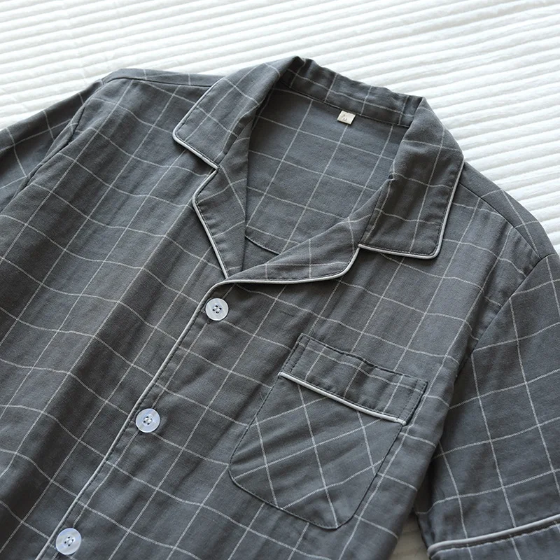Novedad de verano, pijamas para hombre, pantalones cortos de manga corta de gasa 100% algodón de dos piezas, traje de servicio doméstico