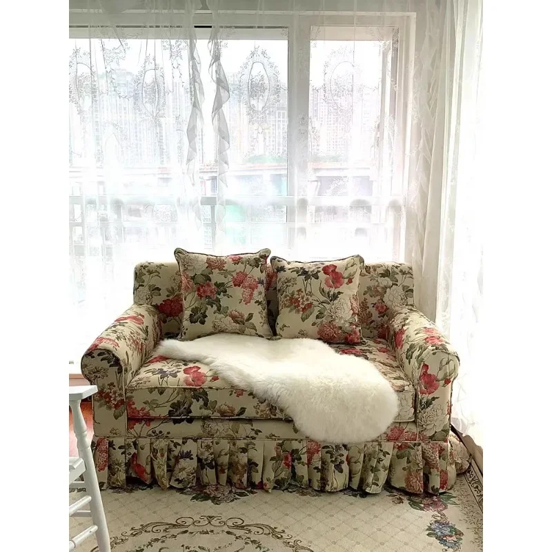 Retro American style double sofa French pastoral floral flower sofa fabric living room printing medieval furniture