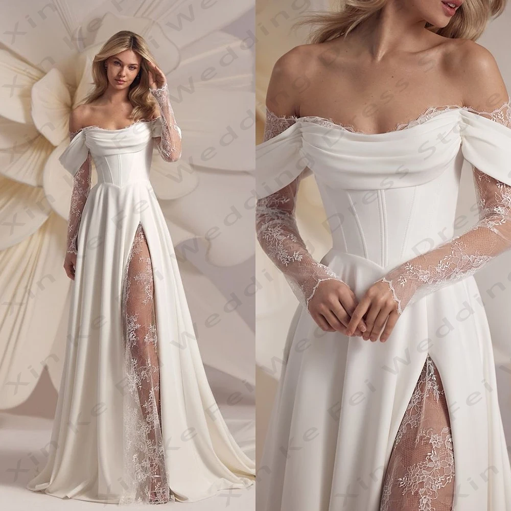 

2025 Gorgeous Women's Bridal Gown A-Line Satin Sexy Off Shoulder Lace Long Sleeve Princess Prom Wedding Dresses Party Customized