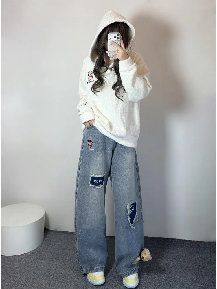 

Весна 2026: Женские джинсы с вышивкой медведя, широкие прямые брюки с высокой талией, свободный крой, повседневные джинсовые штаны для женщин