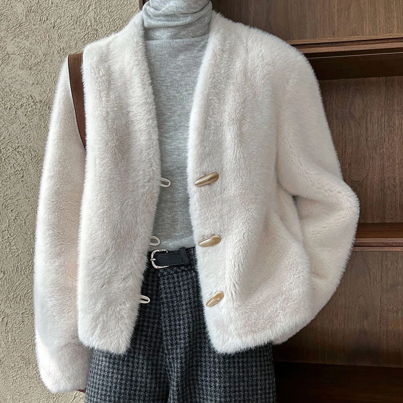 

2025 зимнее теплое женское пальто с меховым искусственным мехом, пальто на одной пуговице, свободная стильная куртка с v-образным вырезом, женские топы, пальто Casaco Feminino