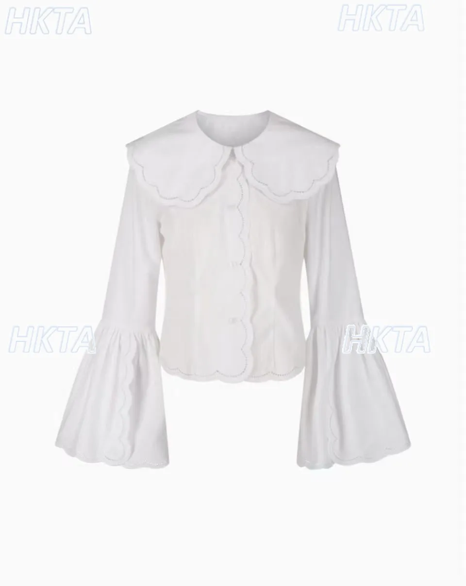 

Original Japanese Style French Embroidered Lace Large Collar White Blouse Summer Autum New Horn Long Sleeved Shirt Daily Camisas