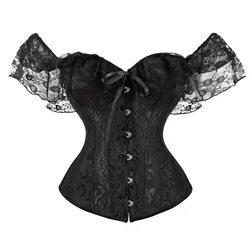 Steampunk Victorian Corset Women Short Sleeve Corset Solid Color Tie-up Boat Neck Close-fitting Crop Tops Cropped Plus Size