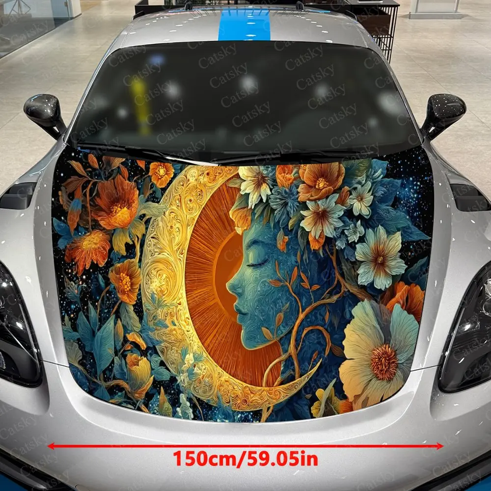 Blue-Orange Sun-Moon Flower Spirit Car Vinyl Wrap, PVC Material Waterproof Car Hood Sticker, Self-Adhesive Scratch-Resistant Sti