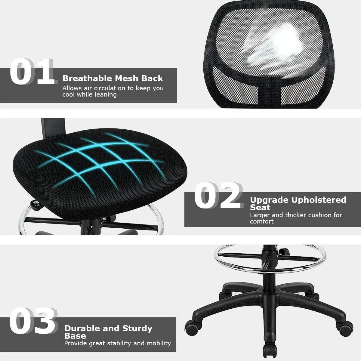 Mesh Drafting Chair, Standing Desk Chair w/Footrest Ring, Adjustable Height Chair Mid Back Tall Office Chair for Home Office, Bl