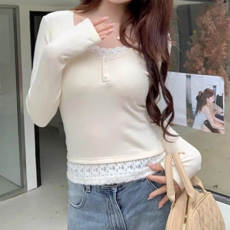 Pink T-shirts Women Slim Sweet Fake Two Pieces Lace Patchwork Winter Basic Tops Chic Comfortable Casual All-match Tender Buttons