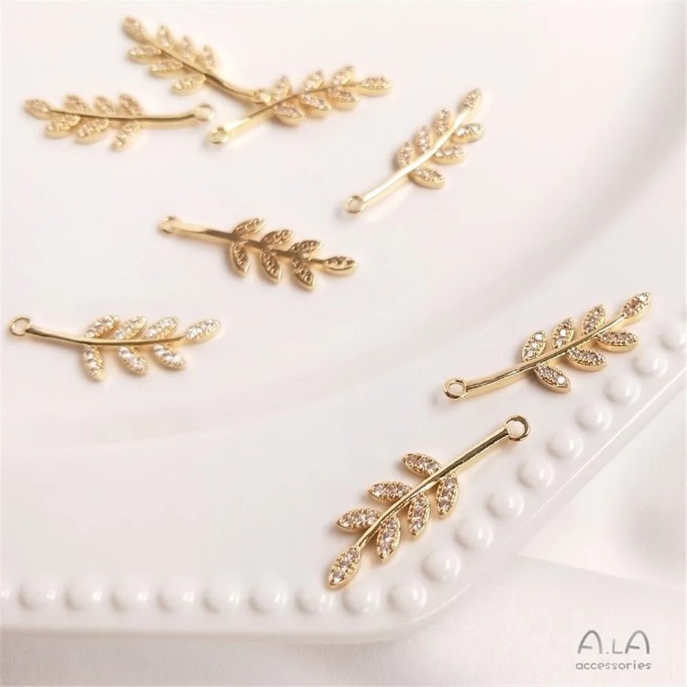 Color-preserving Copper 14K Gold Micro-inlaid Zircon Leaf Pendant Handmade Diy Collarbone Necklace Earrings Jewelry Pendant