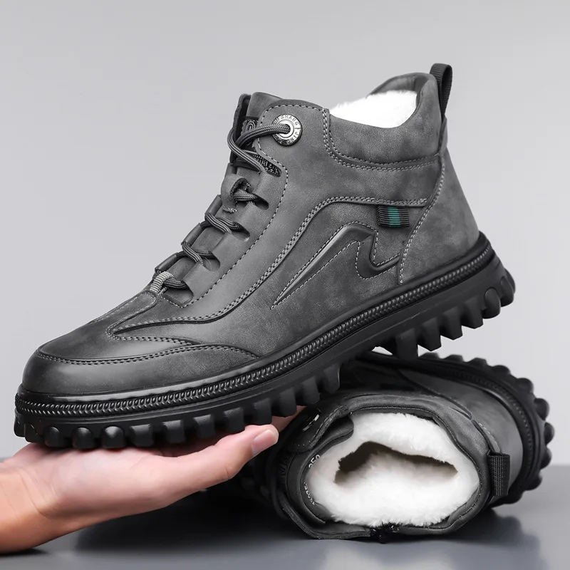 

Winter New Shoes for Men Leather Boots Outdoor Warm Plush Leather Casual Sport Climbing Shoes Thick-soled Short Snow Boots