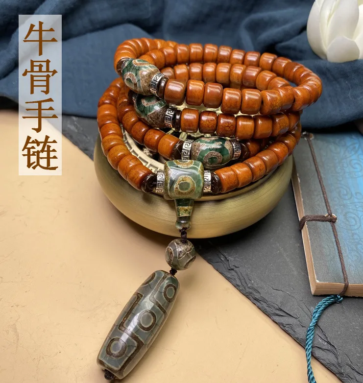 Natural Ox Bone 108 Beads Bracelet Tibetan Style with Dzi Bead Pendant Vintage Ethnic Sweater Chain Gifts