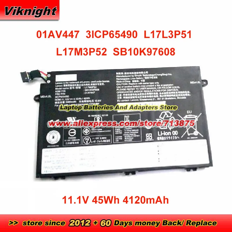 

Genuine 01AV447 3ICP65490 L17L3P51 L17M3P52 SB10K97608 11.1V 45Wh Battery for Lenovo ThinkPad R480 E480 E580 R480 Laptop series