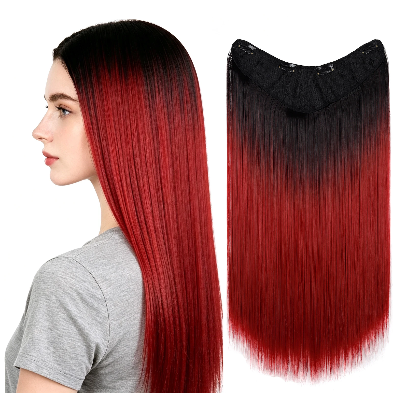 One Piece Clip In Hair Extension U-Shaped Whit 4 Clips Straight Rainbow Ombre Synthetic Hairpiece For Women Girls Daily Part