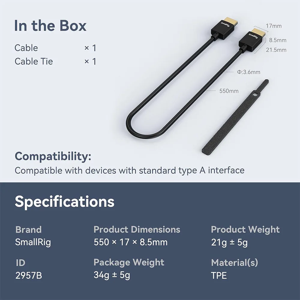Smallrig Ultra Slanke 4K Kabel 35Cm/55Cm Poorten Voor Bmpcc 6K Dslr Camera/Monitor/Draadloze Video Zender & Ontvanger Kabel 2956b