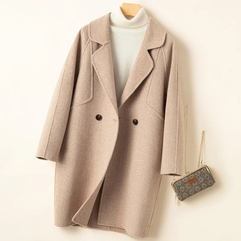 Reversible tweed coat women's autumn and winter mid-length pure wool cocoon British style loose suit collar tweed jacket