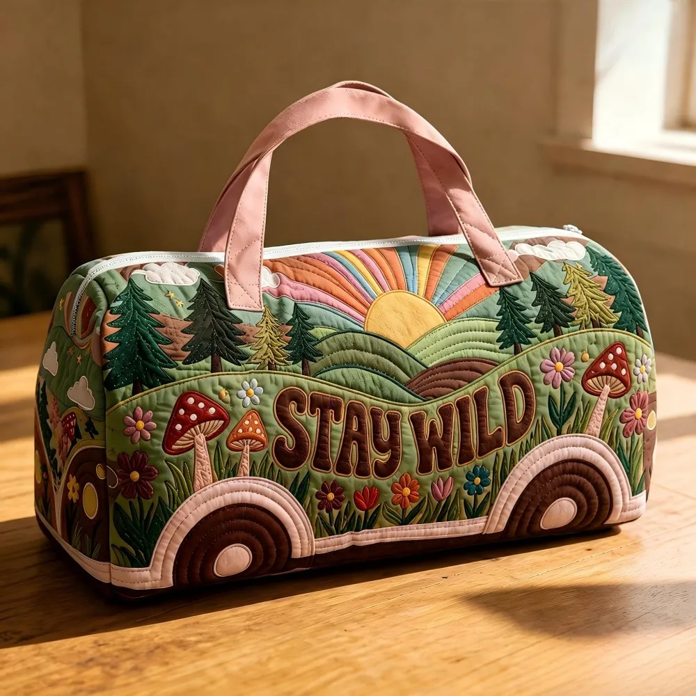 Retro Quilted Stay Wild Forest Mushroom Rainbow Duffle Bag Women Weekend Travel Handbag Boho Camping Gym Carry On Luggage Duffel