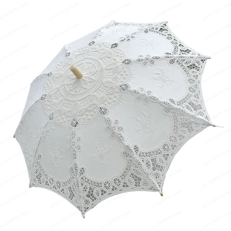 JMZ Lace Umbrella Vintage Embroidered Parasol for Women Girls Cotton Handmade Princess Style Wedding Photography Dance Prop