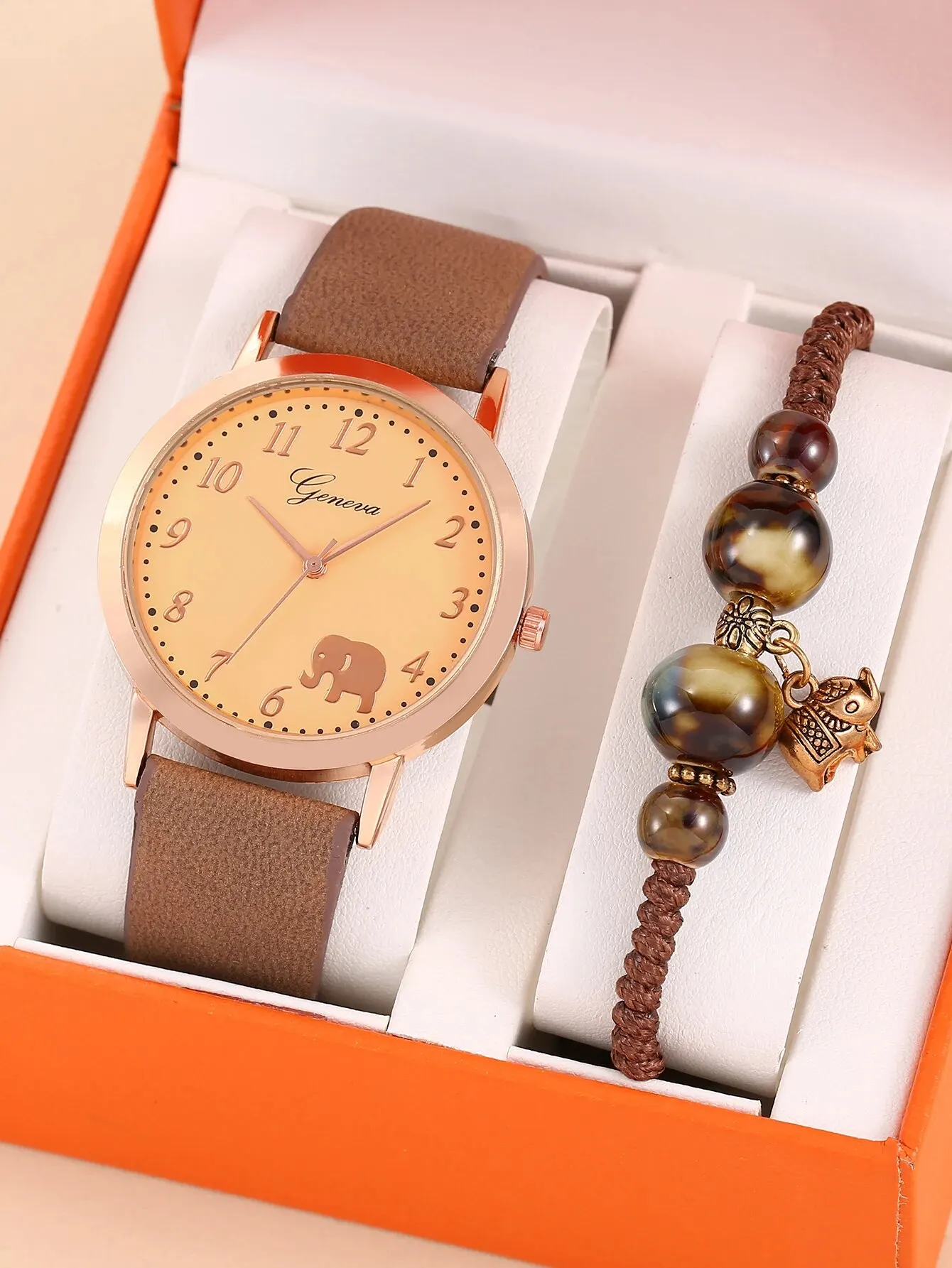 2PCS Ladies Fashion Simple Digital Elephant Leather Quartz Watch Ceramic Coffee Bracelet Love Pink Birthday Christmas Gift Set