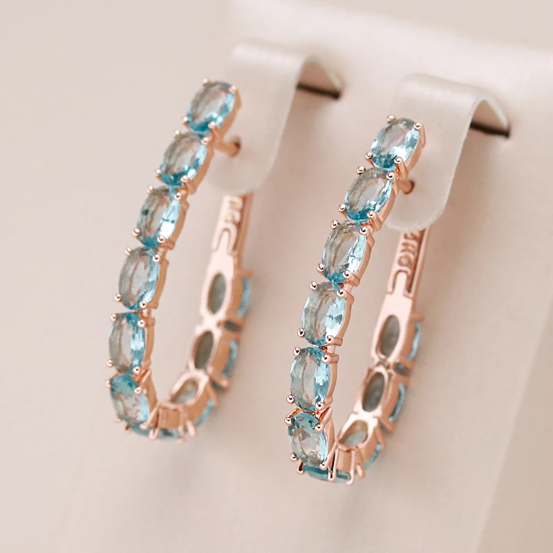 Kinel Trendy 585 Rose Gold Color Big Hoop Earrings For Women Luxury Oval Blue Natural Zircon Vintage Bride Wedding Jewelry