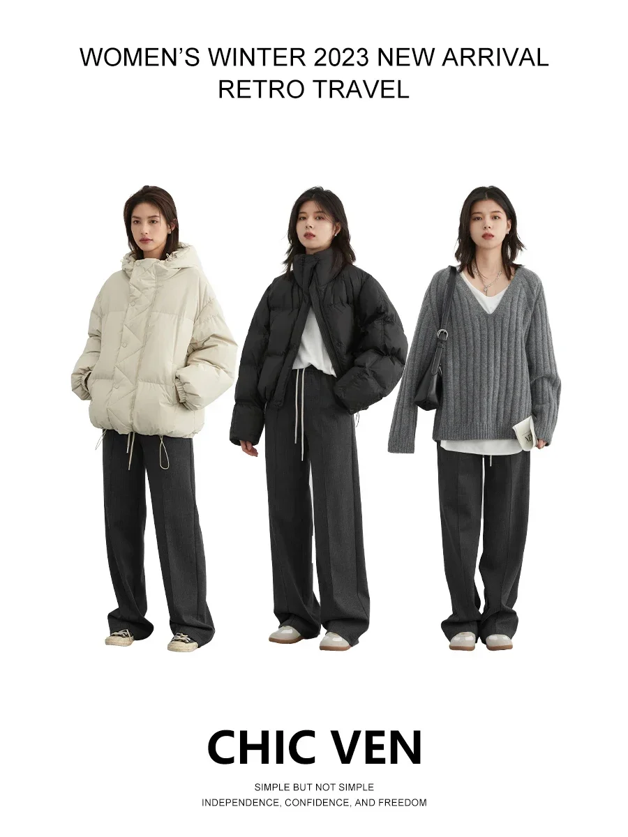 CHIC VEN Women\'s Pant New High Waist Brushed Casual Wide Leg Pants Elastic Waist Female Trousers Office Lady Winter Autumn 2023