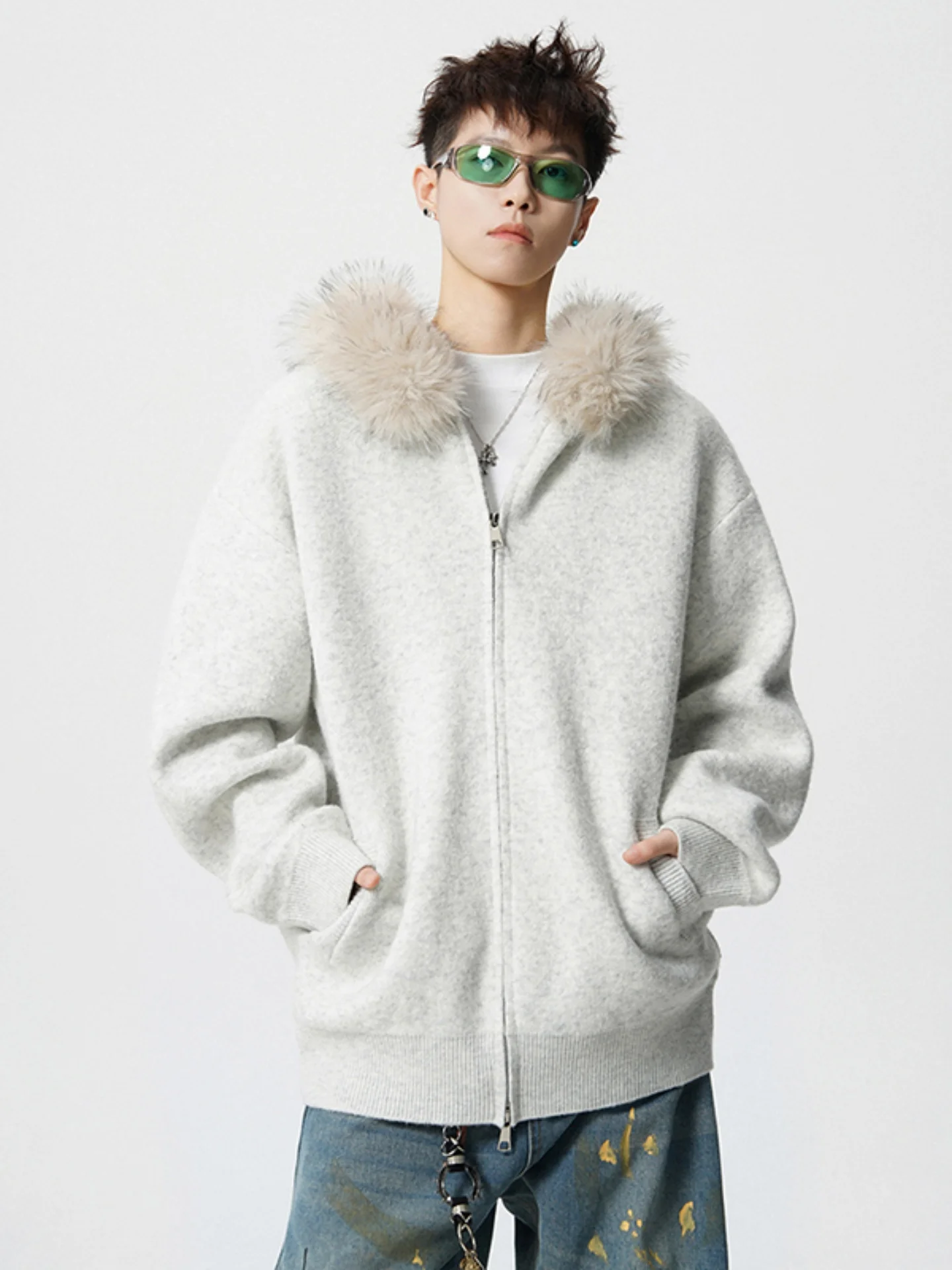 

Мужской вязаный кардиган American Sle Lazy Sle с большим меховым воротником и капюшоном, свободный свитер-кардиган на осень и зиму