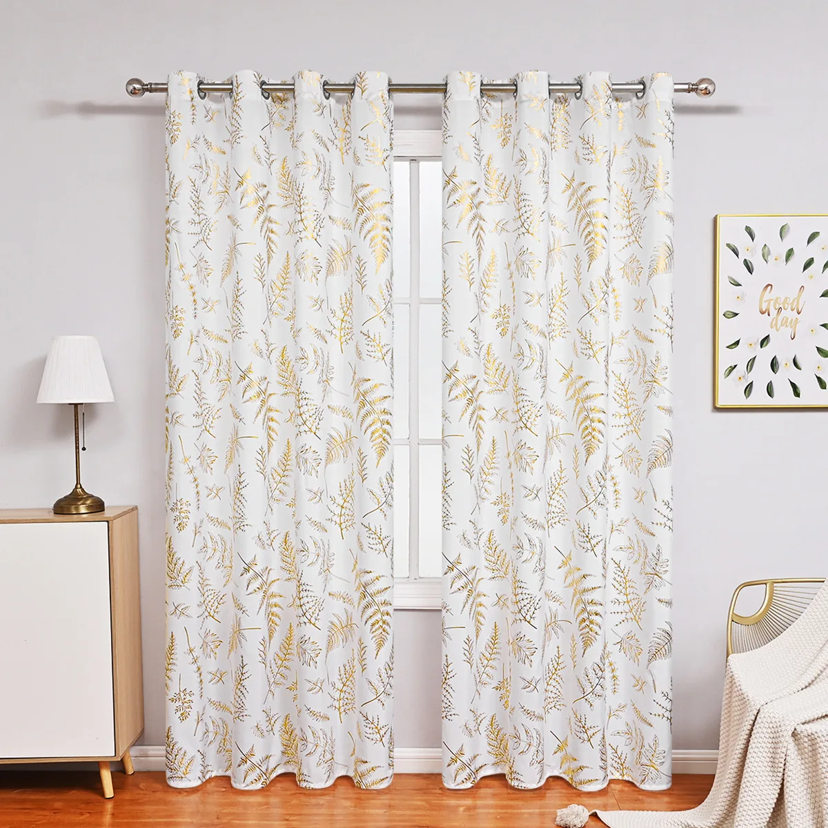 Curtain Bronzing Leaves Printed Window Curtains Semi-sheer Modern Style Drape for Living Room Bedroom Decor Luxury 2 Panels