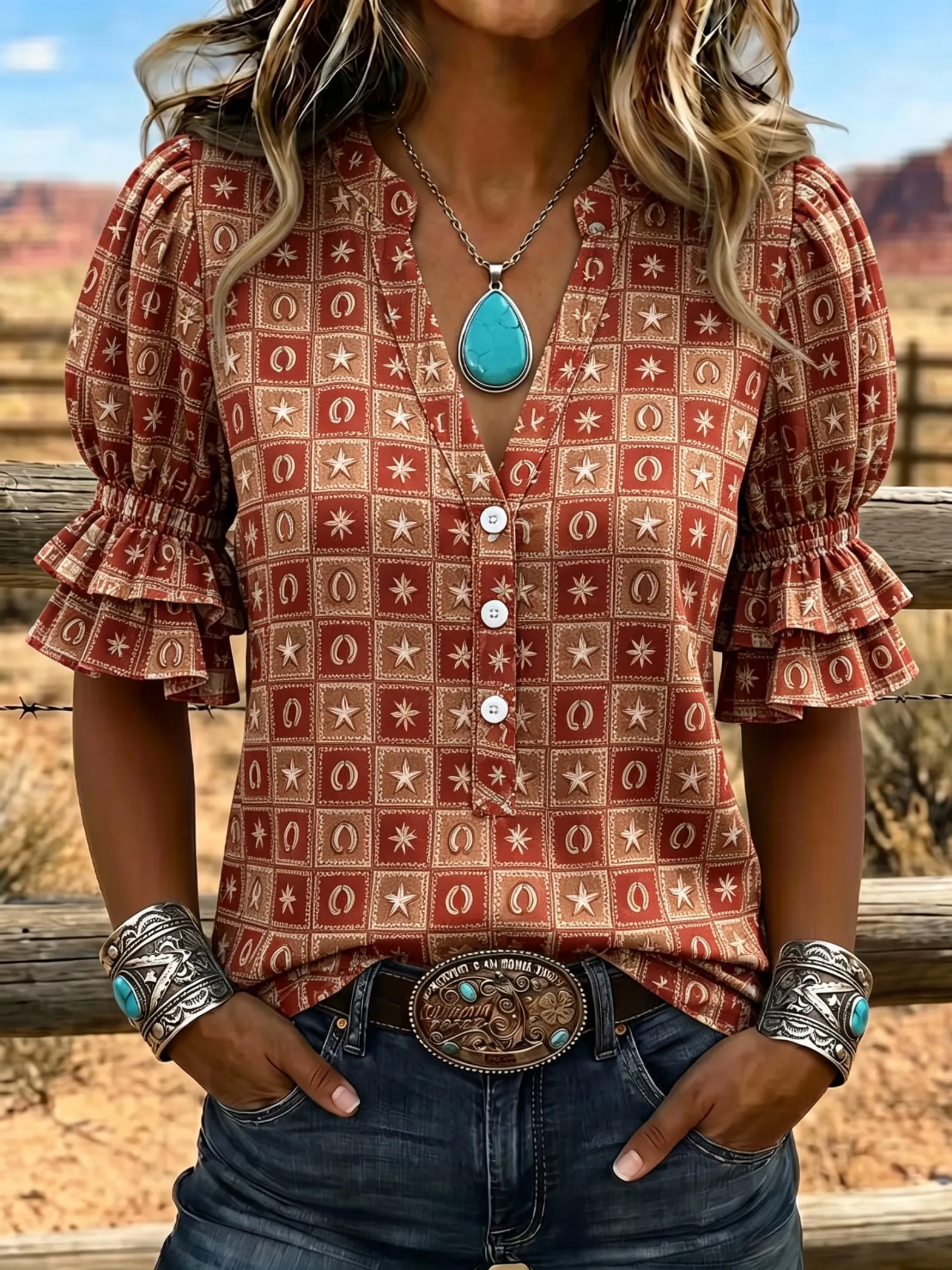 Women's Spring Summer 3D Printed V Neck Shirt, Brick Red Grid Horseshoe Star Western Ethnic Geometric Blouse