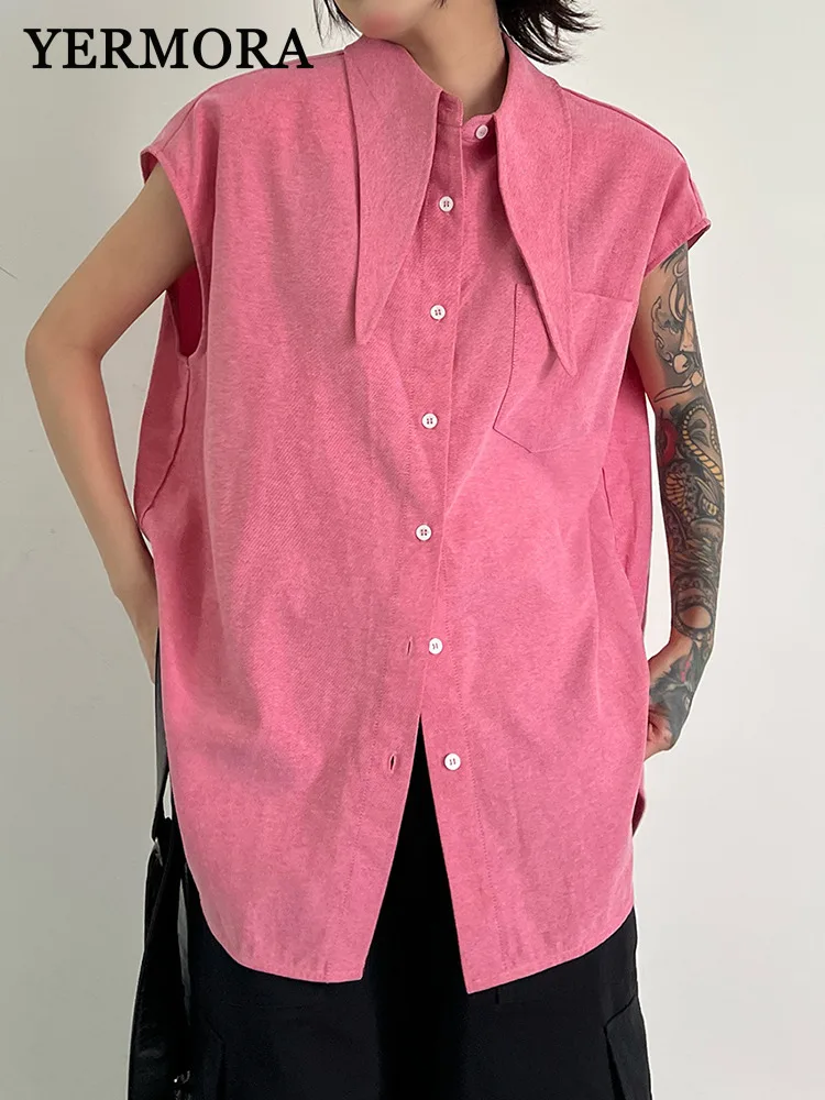 

YERMORA pink color pocket casual blouse for women lapel short sleeve loose new shirt fsahion tide spring summer 2025