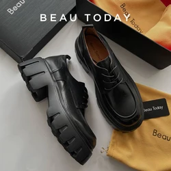 BeauToday Platform Shoes Women Genuine Cow Leather Round Cross Tied Closure Chunky Sole Ladies Casual Shoes Handmade 21894