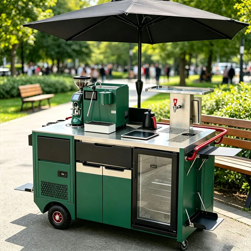 Street Commercial Coffee Trolley Mobile Coffee Serving Cart With Awning And Storage Space Customized