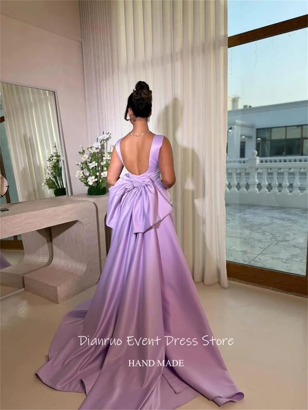 Dianruo Straight Backless Round Neck Evening Dresses 2025 Back Bow Formal Prom Gown Train Style Chic Summer Dresses Customized
