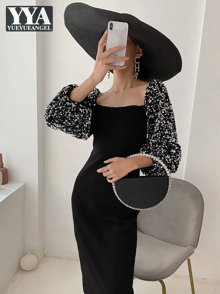 

Vintage Elegant Women Party Shiny Sequined Sleeve Black Dress French Style Square Collar Slim Fit Mid Long Banquet Wrap Dresses