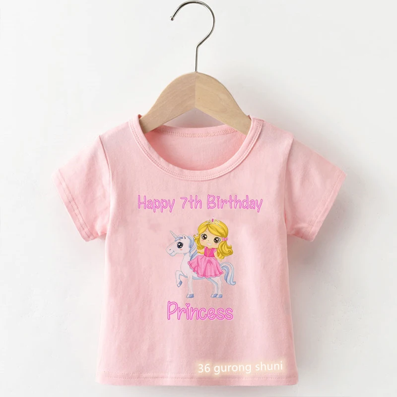 

Happy 1-9th Birthday, Princess Cute Unicorn Birthday Tee for Girls Fashion Girls Birthday Clothing tshirt Summer Kids Pink Tops