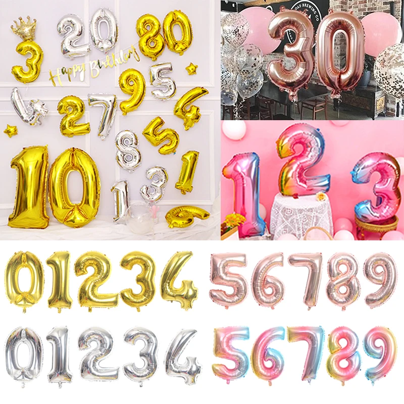 16/32/40inch Digital Foil Balloons Rose Gold Silver Gradient Number 0-9 Birthday Party Wedding Decoration Baby Shower Globos