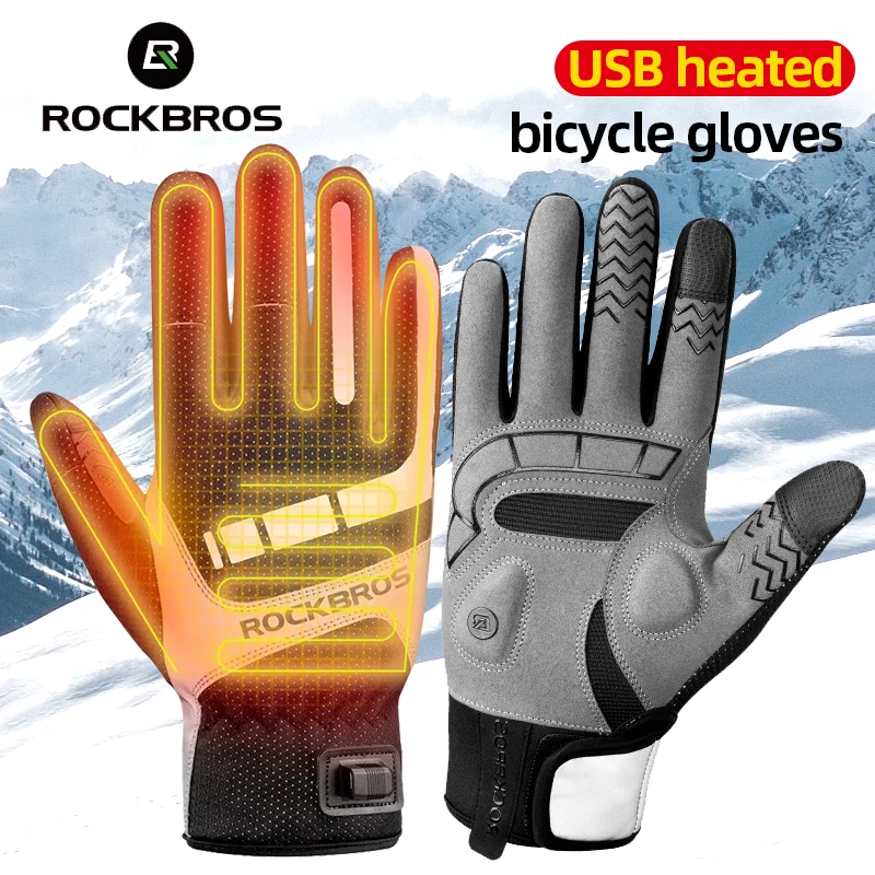 

ROCKBROS Warm Men's Cycling Heated Gloves for Ski USB Rechargeable Motorcycle Gloves Full Finger Thermal Winter Glove Breathable