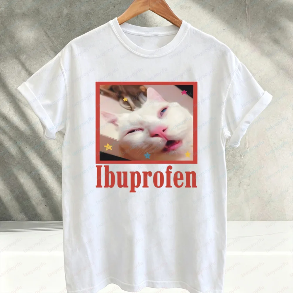 Ibuprofen Meme White Cat Graphic T‑Shirt Funny Sleepy High Cat Meme Photo with Colorful Stars Print Cotton Casual Streetwear Tee