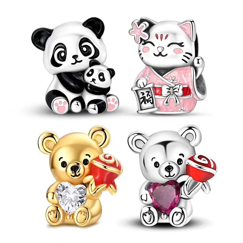925 Sterling Silver Charms Bead Pendant Fit Bracelet Necklace Lucky Cat Panda Sweet Bear Charm Jewelry Making Gift For Women Man