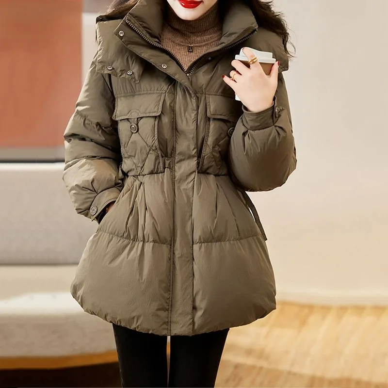 2023 New Women Down Jacket Winter Coat Female Mid Length Version Parkas Loose Thick Warm Outwear Versatile Hooded Overcoat