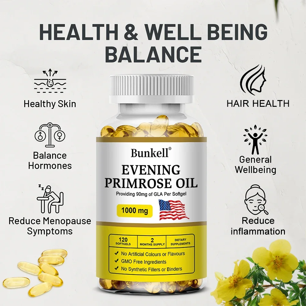 Evening Primrose Oil 1000 Mg with GLA - Anti-Aging, Brightening, Immune Support, Hormone Balance, Healthy Skin, 120 Softgels