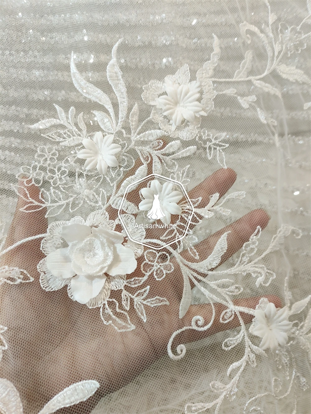 

Handmade 3D three-dimensional flower white nail bead sequin lace fabric wedding dress clothing skirt handmade DIY accessories