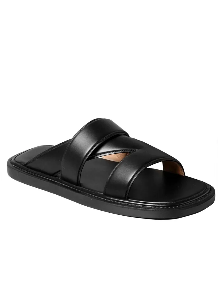 Summer New Men Genuine Leather Slides Outside Cowhide Beach Slippers Flats Open Toe Antiskid Platform Shoes Comfortable Slippers