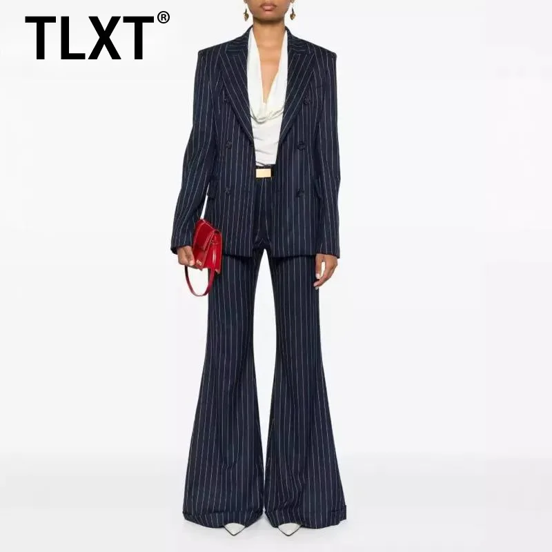 

TLXT Women's 2 Piece Set Gathered Wait Fit Double Breasted Blazers+high Waist Wide Leg Pants Office Lady Suits 2025 New XK1436