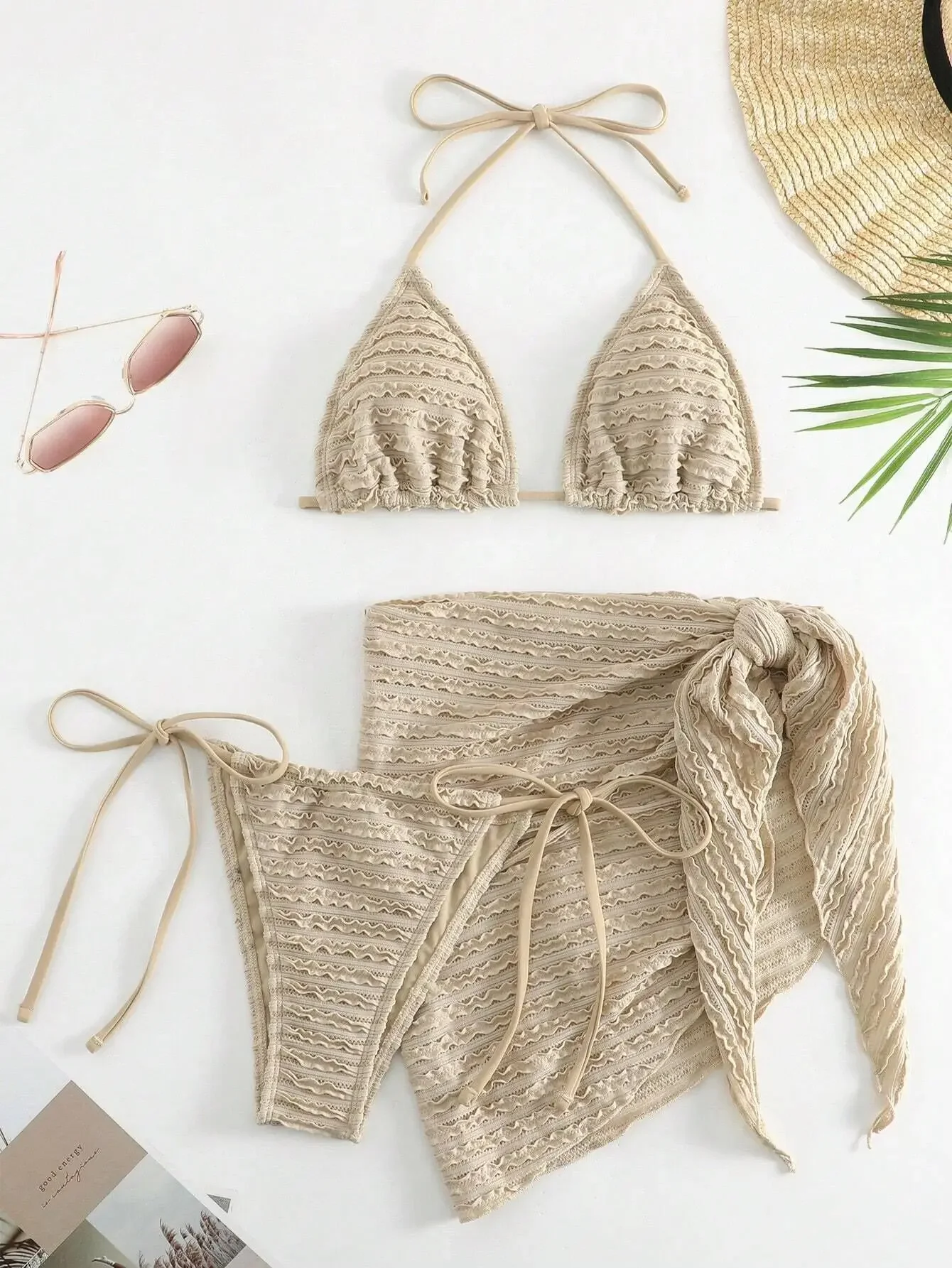 

Summer New Sexy Mesh Skirt 3 Piece Swimsuit Women Solid Beige Hole Female Triangle Bikini Beach Bathing Suit Cover Up Swimwear